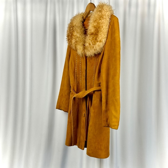 Vintage 1960’s Soft Suede Penny Lane Belted Trench Coat with Shearling Fur - M - Picture 9 of 14